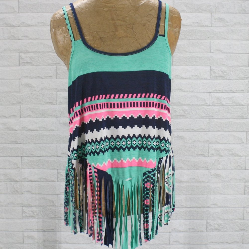 VISION Blouse Sleeveless Aztec Oversized Fringe Cropped Chevron Aqua Small
